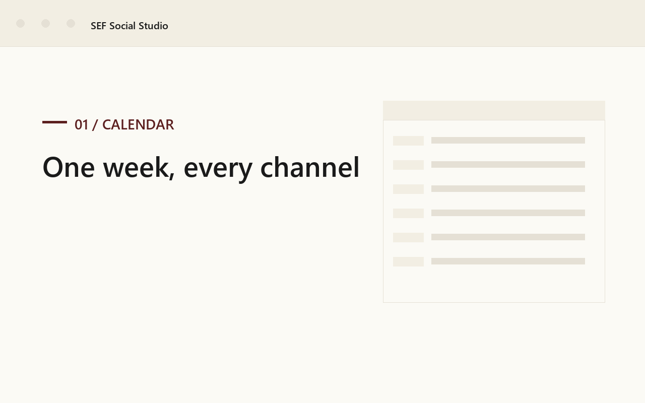 Studio calendar with posts queued across X, BlueSky, LinkedIn, and Instagram