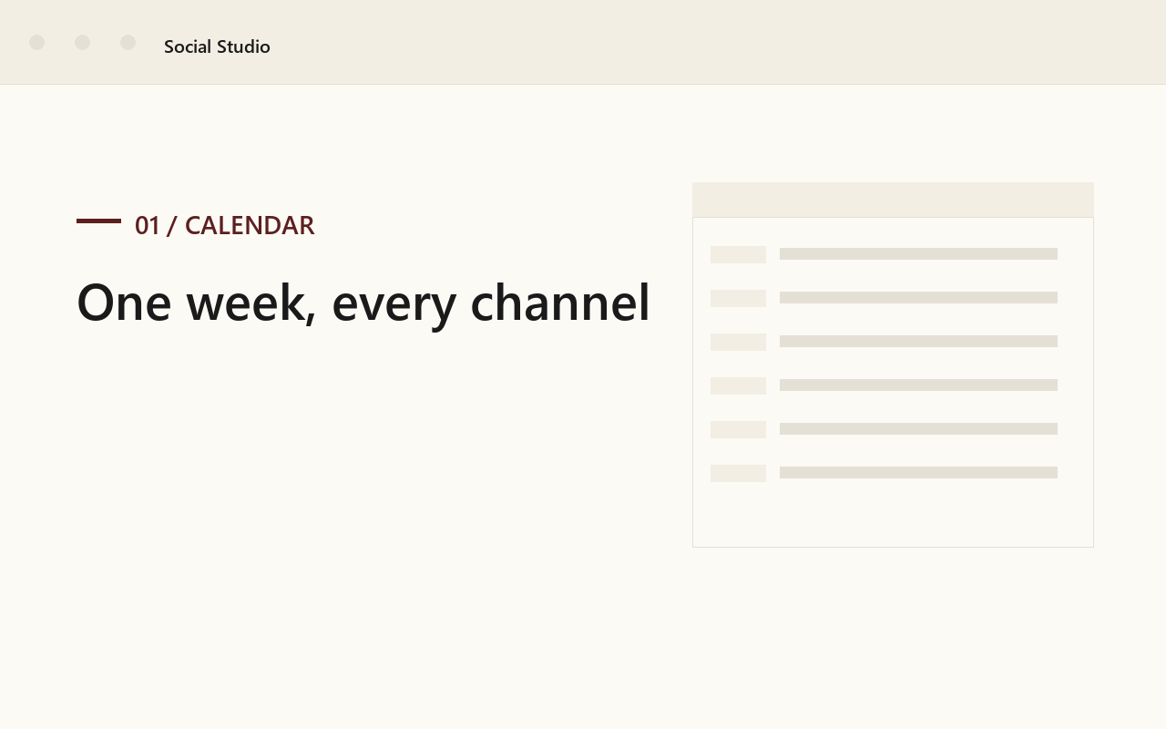 Studio calendar with posts queued across X, BlueSky, LinkedIn, and Instagram
