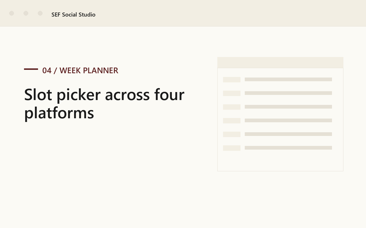 Week planner with evergreen and topical content drawn across four platforms