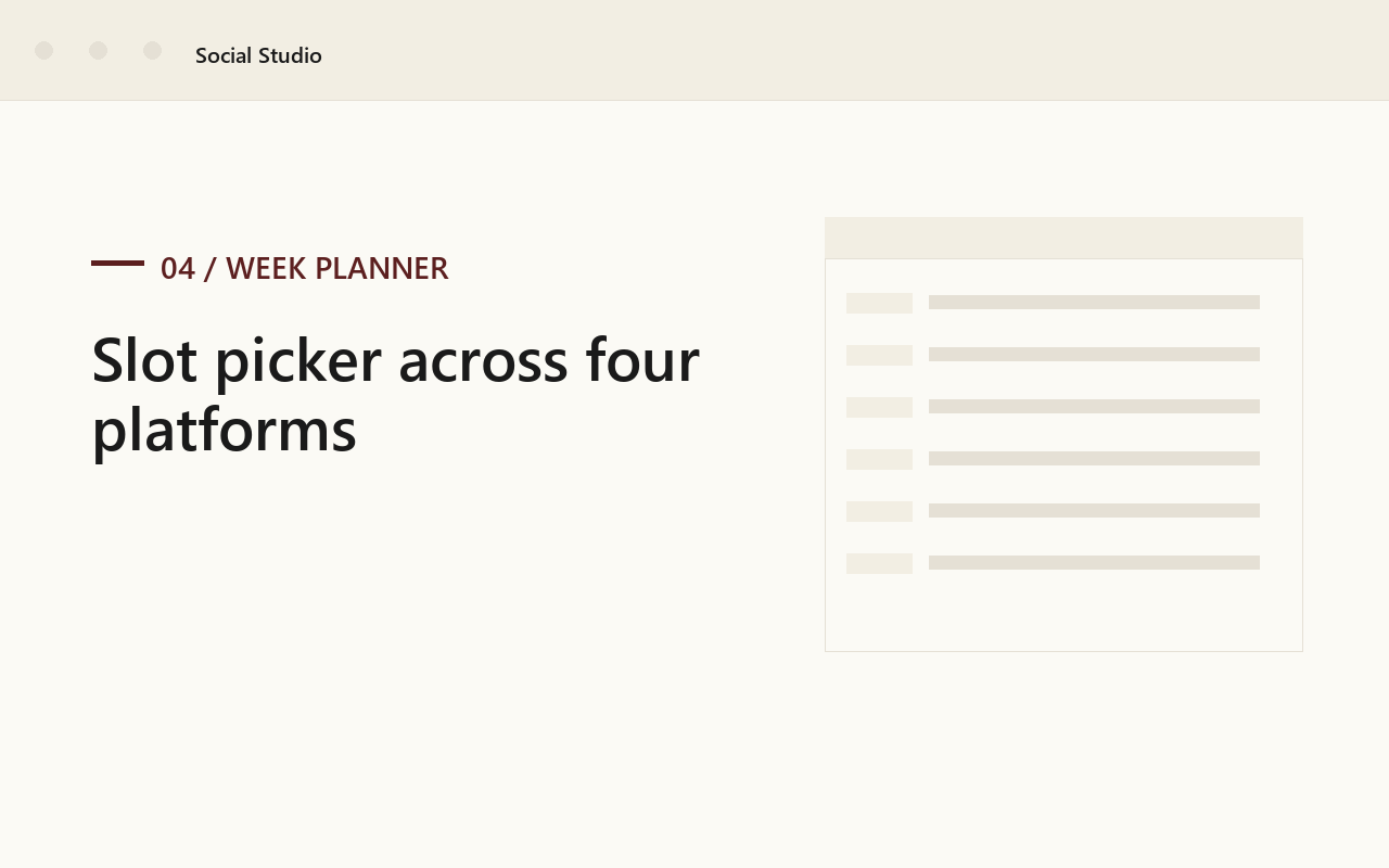 Week planner with evergreen and topical content drawn across four platforms